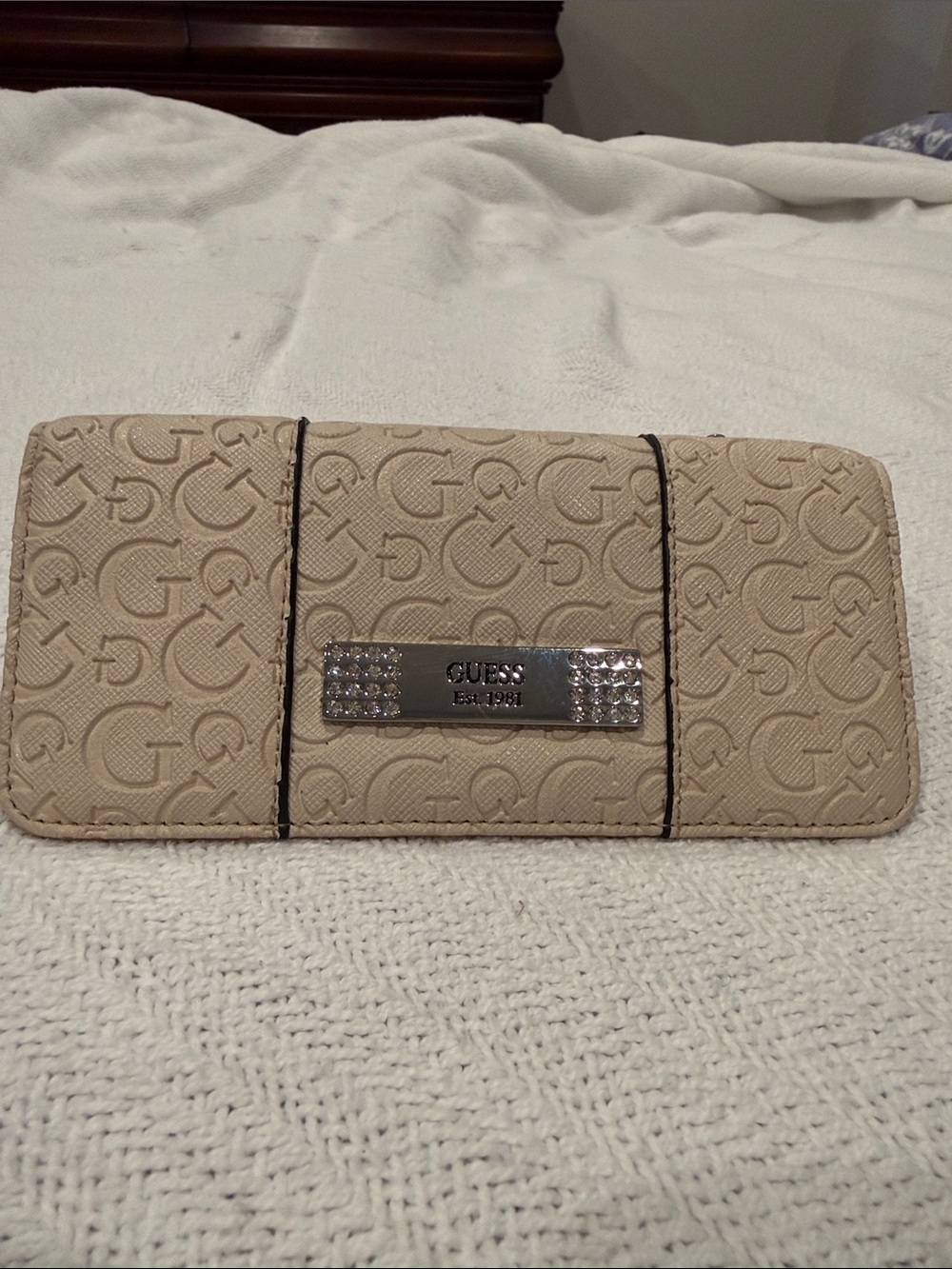 GUESS Beige Embossed Monogram Clutch with Crystal Logo Plaque